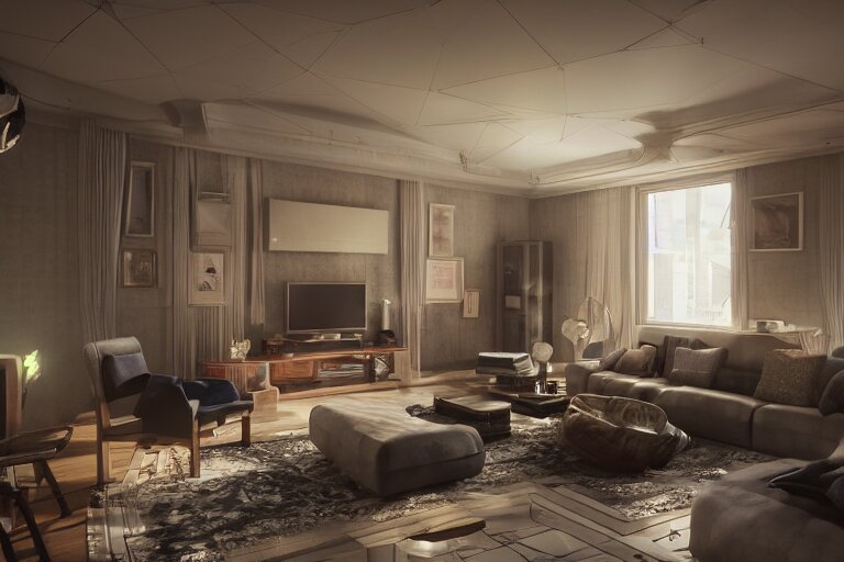 a living room from the future, concept art, 3 d render, octane render, 4 k, beautiful lighting 