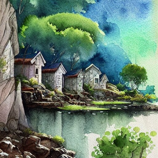 beautiful happy picturesque charming sci - fi organic homes in a beautiful natural scene. water, trees and rocks. beautiful light. soft colour scheme. beautiful artistic detailed watercolor by lurid. ( 2 0 2 2 ) 