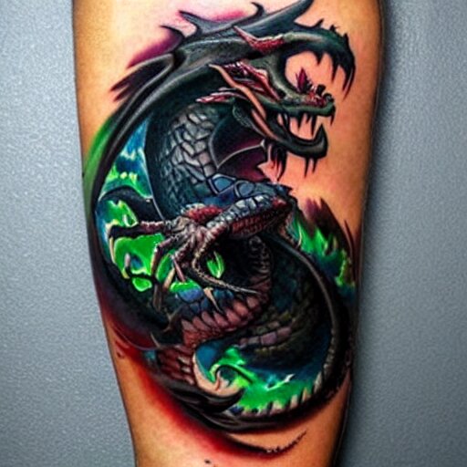 dark and vibrant fantasy dragon!!! drake wyvern, black and emerald dragon!!, forearm tattoo