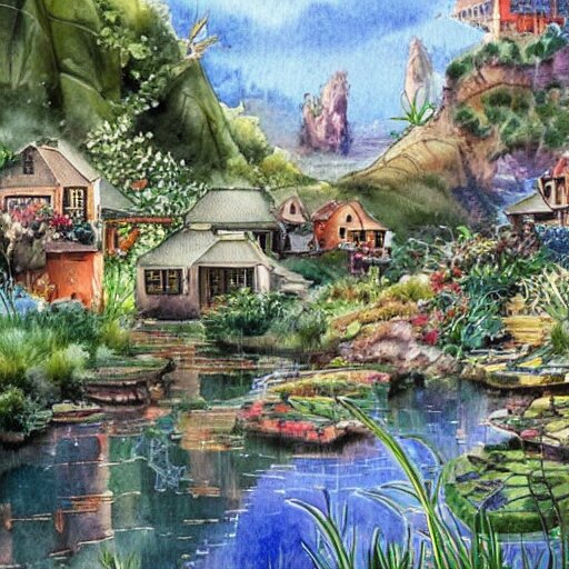 Beautiful happy picturesque charming sci-fi village in harmony with nature. Beautiful light. Water and plants. Nice colour scheme, soft warm colour. Beautiful detailed watercolor by Lurid. (2022)