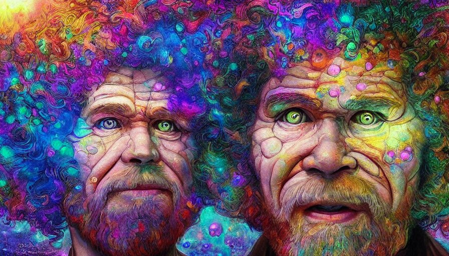 bob ross on a psychedelic trip with an open mouth and glowing ey 