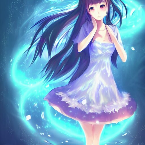 advanced digital art a very cute anime girl wearing a dress made of water turning into mist standing in a crystal lake full body WLOP RossDraws Totorl Sakimimichan