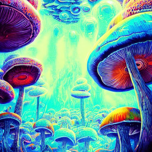 trippy mushrooms, acrilic paint, digital, artstation, detailed intricate ink illustration, heavenly atmosphere, digital art, overdetailed art, concept art, complementing colors, trending on artstation, cgstudio, the most beautiful image ever created, dramatic, subtle details 