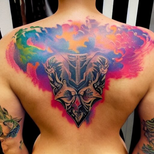 a picture of my new back tattoo of a muscular back, bright colorful ink 