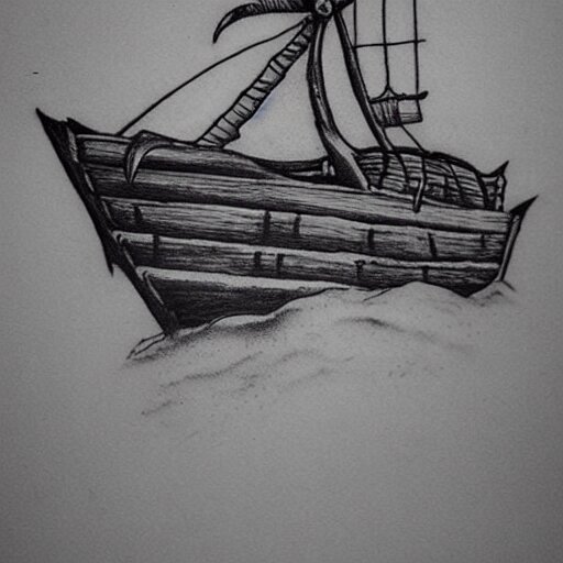 pirate ship on a deserted island, realism tattoo drawing, hyper realistic, shaded