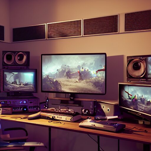 home studio for a radio streaming, realistic, octane render, cinematic, gaming system theme, lighting shadows, detailed illustration, 8 k, intricate details, oil painting 