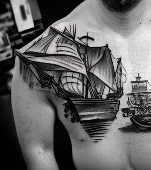 A realistic tattoo design sketch of a pirate ship, white background, black and white, highly detailed tattoo, shaded tattoo