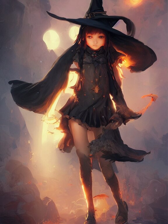 Full shot of a cute mischievous young witch about to get up to some trouble. Latin inspired fashion. Black and Orange palette. By Ruan Jia and Artgerm and Range Murata and WLOP and CLAMP. Key Art. Fantasy Illustration. award winning, Artstation, intricate details, realistic, Hyperdetailed, 8k resolution.