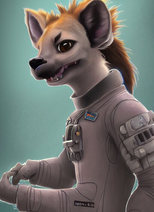 digital detailed full body of anthromorphic female hyena, in style of zootopia, zootopia, zootopia, fursona, furry, furaffinity, 4 k, deviantart, furry art, fursona art, wearing astronaut outfit, in style of zootopia, hyena fursona, cyberpunk, female, detailed feminine face, 