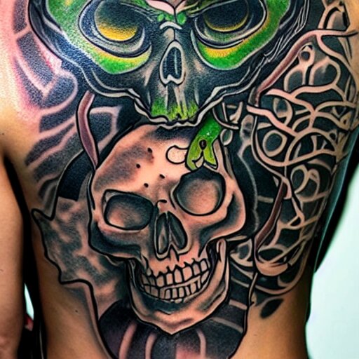 dark tattoo, snake wrapping its body around skull, toxic acid green dark colors