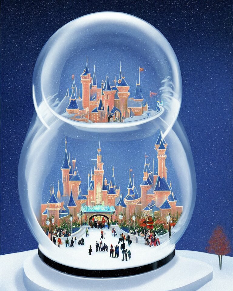 an achingly beautiful print of one cylindrical snow globe with disneyland inside by raphael, hopper, and rene magritte. detailed, proportional, romantic, vibrant, enchanting, trending on artstation 