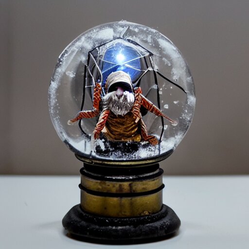 a metal spider with a gnome snow globe head, professional lighting 