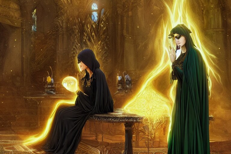 a beautiful sorceress wearing a black robe with gold embroidery, sitting at table, casting a spell, green glows, painted by artgerm and john williams waterhouse, in the style of magic the gathering, highly detailed digital art 