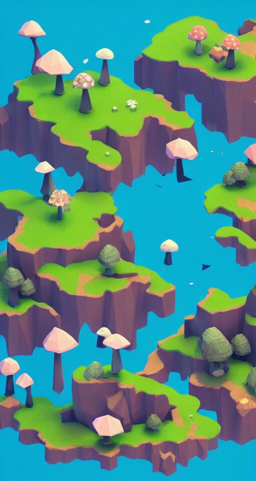 a cute little matte low poly isometric mushroom island, waterfalls, lat lighting, soft shadows, trending on artstation, 3d render, monument valley, fez video game,