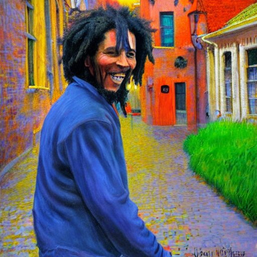 bob marley walking in bruges, painted by victor nizovtsev 