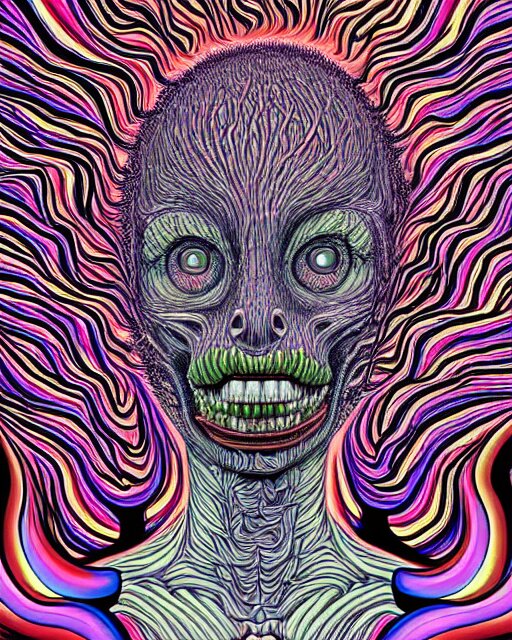 Human Body breaking away, Conjuring Psychedelic Illustration, part by Shintaro Kago, part by Alex Gray, ultra realistic, highly detailed, 8k, symmetry, fractals, grotesque, vibrant,