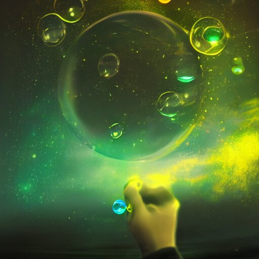 a hand holding a bunch of glass bubbles in a cosmos space full of stars and vibrant clouds, volumetric light, green and yellow colors, digital art, artstation 