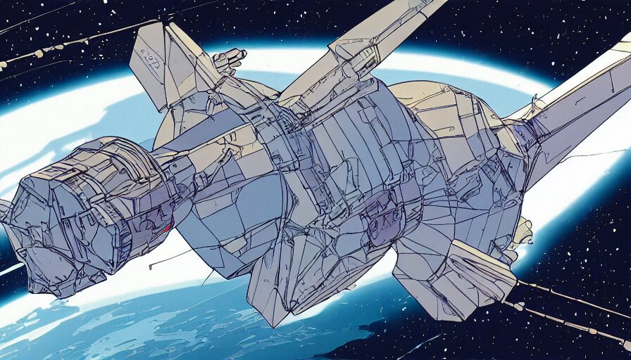 flat color illustration of futuristic spacecraft by moebius and sparth, 