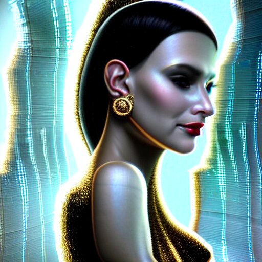 Facial portrait of a gorgeous cyberpunk girl, looking away from the camera, seductive smile, gold jewellery, elegant revealing intricate dress, sparkle in eyes, lips slightly parted, long flowing hair, no hands visible, diamonds, science fiction, delicate, teasing, arrogant, defiant, bored, mysterious, intricate, extremely detailed painting by Mark Brooks (and by Greg Rutkowski), visible brushstrokes, thick paint visible, no light reflecting off paint, vibrant colors, studio lighting