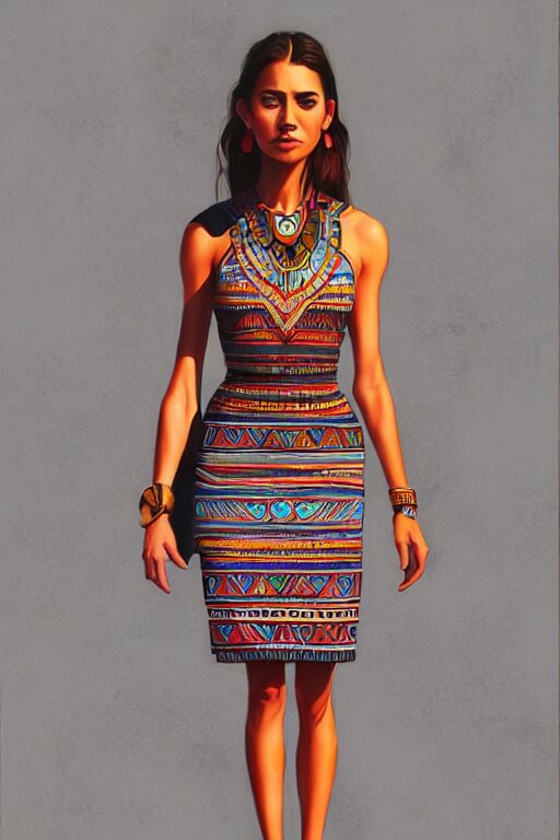 full body photo of a gorgeous young woman wearing an aztec dress in the style of stefan kostic, realistic, sharp focus, 8k high definition, insanely detailed, intricate, elegant, art by stanley lau and artgerm