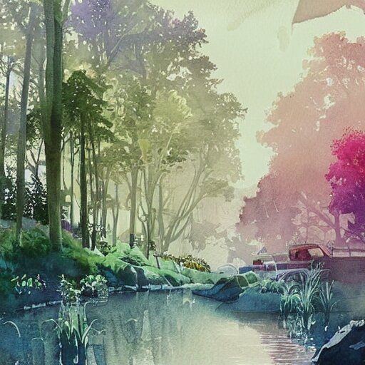 Beautiful happy picturesque charming sci-fi town in harmony with nature. Beautiful light. Water and plants. Nice colour scheme, soft warm colour. Beautiful artistic watercolor by Lurid. (2022)