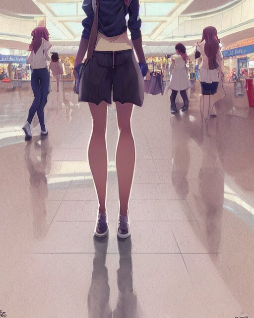 a girl at the mall, very sexy outfit, medium shot, visible face, detailed face, perfectly shaded, atmospheric lighting, by makoto shinkai, stanley artgerm lau, wlop, rossdraws 