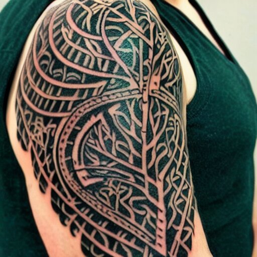 photograph of a sleeve tattoo, black ink, intricate celtic pattern with tree of life, highly-detailed, beautiful, award winning, 8k