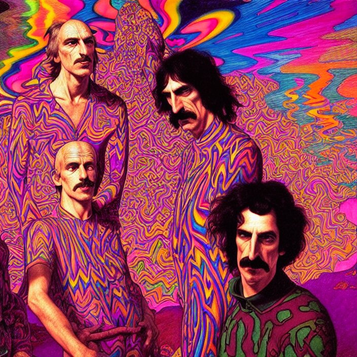 bright psychedelic photo of pink floyd and frank zappa tripping on lsd, diffuse lighting, fantasy, intricate, elegant, highly detailed, lifelike, photorealistic, digital painting, artstation, illustration, concept art, smooth, sharp focus, art by John Collier and Albert Aublet and Krenz Cushart and Artem Demura and Alphonse Mucha