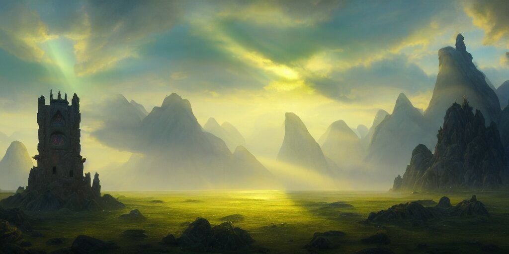 a beautiful fantasy landscape, medieval tower, majestic, god rays, silhouette of a flock of birds in the sky, extremely detailed digital painting, in the style of fenghua zhong and ruan jia and jeremy lipking and peter mohrbacher, mystical colors, rim light, beautiful lighting, 8 k, stunning scene, raytracing, octane, trending on artstation 