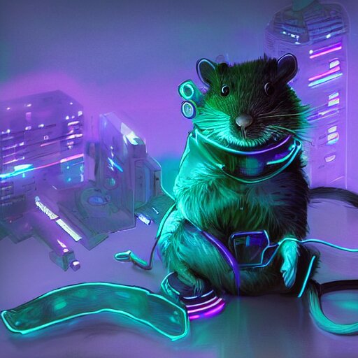 a beautiful full body portrait of a cute cyberpunk rat with bioluminescent fur and bioluminescent tail by sandra chevrier and greg rutkowski and wlop, purple blue color scheme, vaporware, retro, outrun, high key lighting, volumetric light, digital art, highly detailed, fine detail, intricate, ornate, complex, octane render, unreal engine, photorealistic 