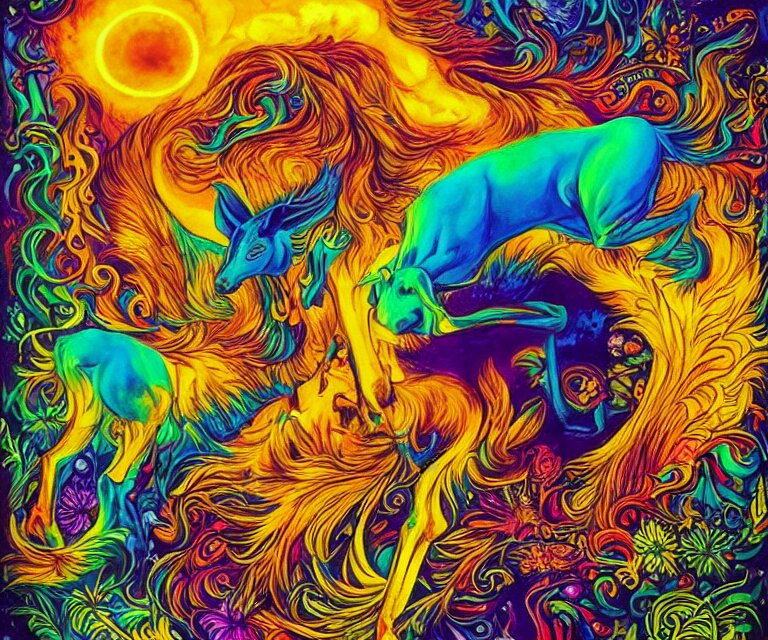 the wildest dream, vivid colors, golden hour, psychedelic art, magical creatures 