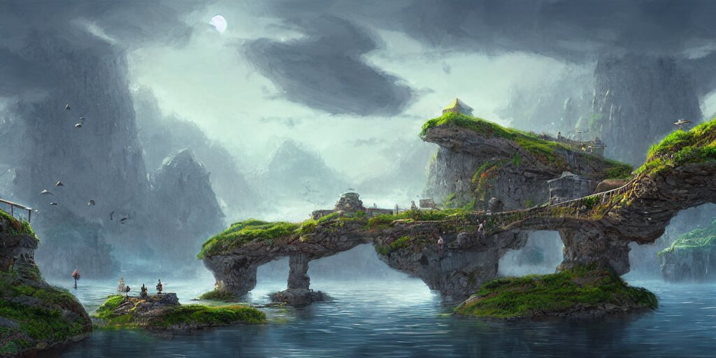 peaceful village built on floating rocks in the sky, rope bridges, birds in background, high fantasy, detailed, digital painting, realistic, landscape by jonathan berube 