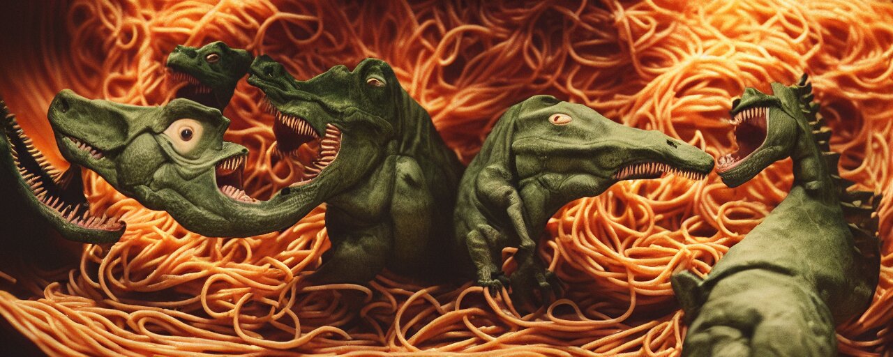 two dinosaurs fighting to the death, inside a bowl of spaghetti, canon 5 0 mm, cinematic lighting, photography, retro, film, kodachrome 