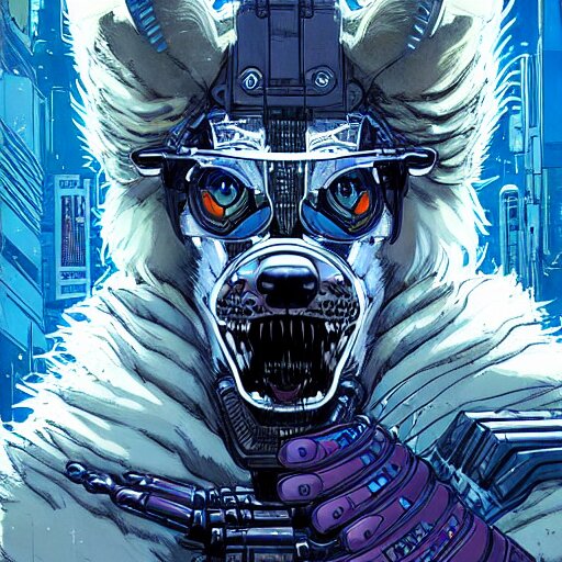 portrait of a cybernetic werewolf warrior with white fur and power armor, cyberpunk concept art by josan gonzales and moebius and enki bilal and and dan mumford and jean claude meziere and philippe druilleg 