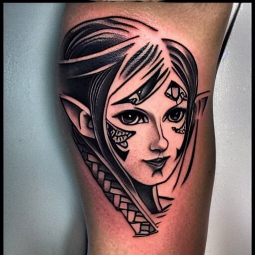 tattoo design, stencil, portrait of princess zelda in a bikini by artgerm, symmetrical face, beautiful, triforce 