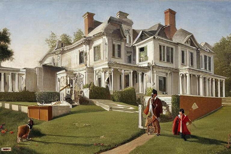 a small house and a mansion. they are divided by a wall of money by rockwell 