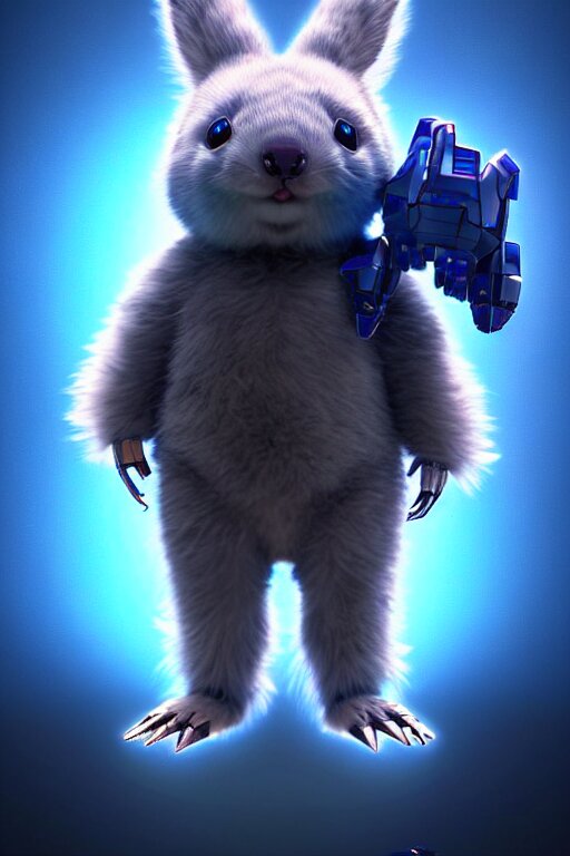 high quality 3 d render sci - fi very cute mecha & fluffy! wombat!! hybrid! fighting, highly detailed, unreal engine cinematic smooth, in the style of blade runner & detective pikachu, hannah yata charlie immer, dark blue neon light, low angle, uhd 8 k, sharp focus 