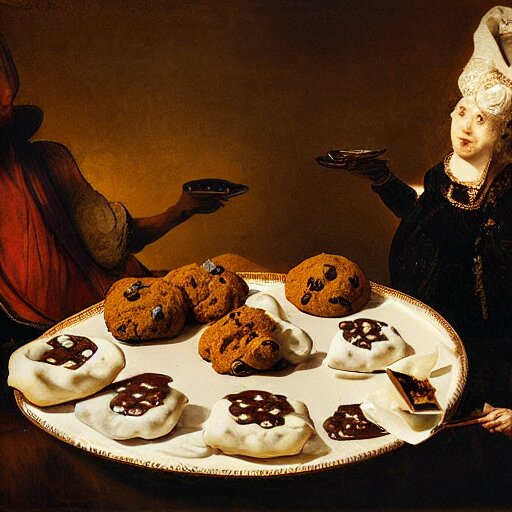 opulent banquet of plates of freshly baked chocolate chip cookies, delicious, glistening, chocolate sauce, marshmallows, highly detailed, food photography, art by rembrandt 