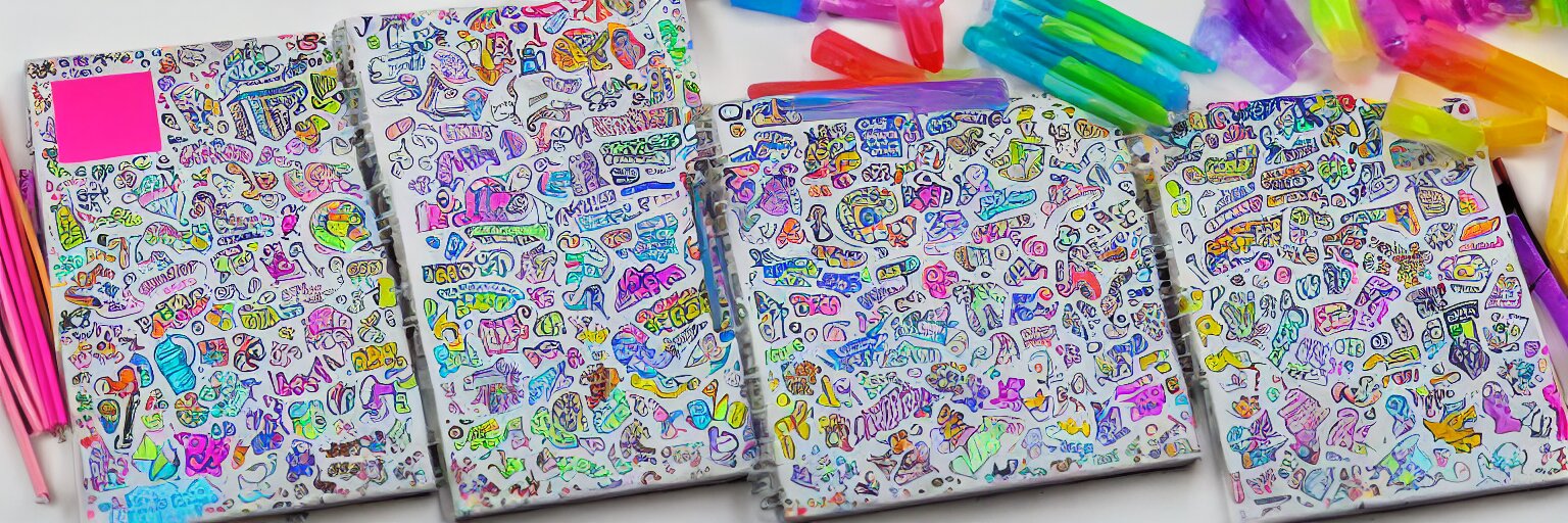 a school notebook covered in doodles, stickers, glitter, and holographic stickers