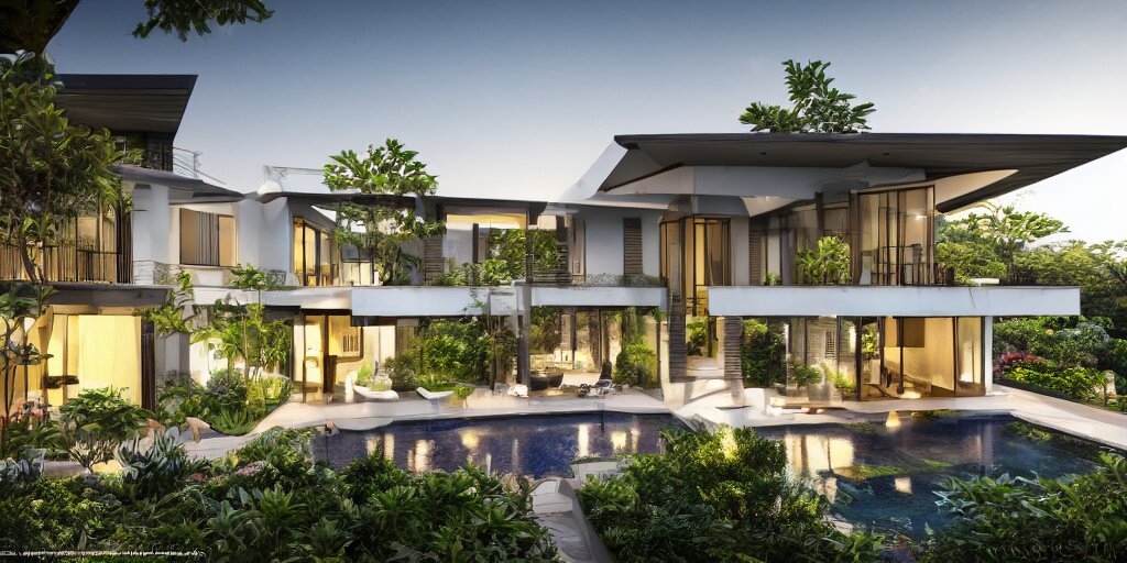 3d rendering  of beautiful nature meets architecture concept of a residential house. balinese architecture, volumetric lighting, luxury, high detail, 14mm, cinematic photography, cg architects,  high resolution