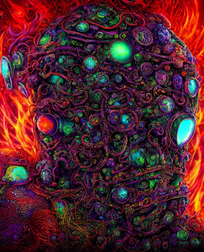 psychedelic shaman close-up portrait. amanita muscaria phoenix head, nautilus, insect, skull, ice and fire, bioluminiscent creatures, intricate artwork by Tooth Wu and wlop and beeple. octane render, trending on artstation, greg rutkowski very coherent symmetrical artwork. cinematic, hyper realism, high detail, octane render, 8k