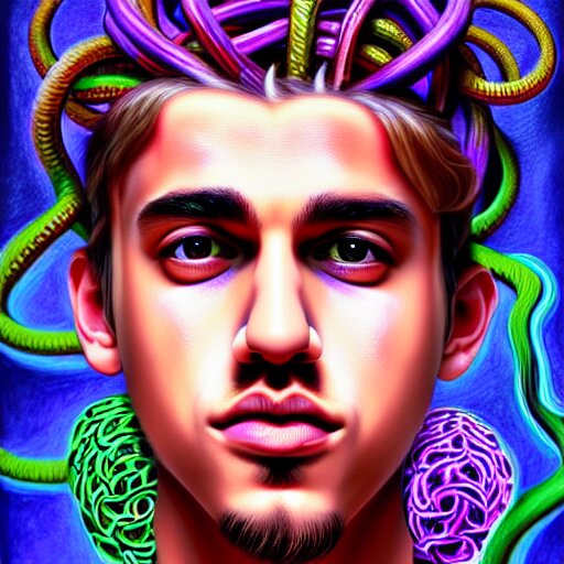 an extremely psychedelic portrait of jusyin bieber as medusa, surreal, lsd, face, detailed, intricate, elegant, lithe, highly detailed, digital painting, artstation, concept art, smooth, sharp focus, illustration 