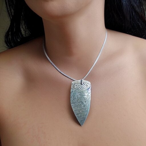 amulet of wave inlaid in silver on a young beautiful woman neck, realistic, 