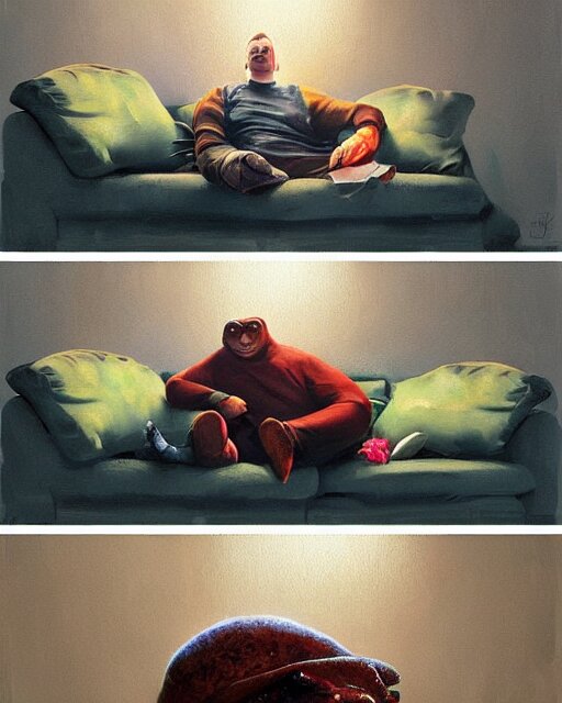 hyper realistic oil painting of toad watching a tv movie on the couch, back camera shot, vibrant colors, high contrast, by greg rutkowski, trending on artstation, caricaturist 