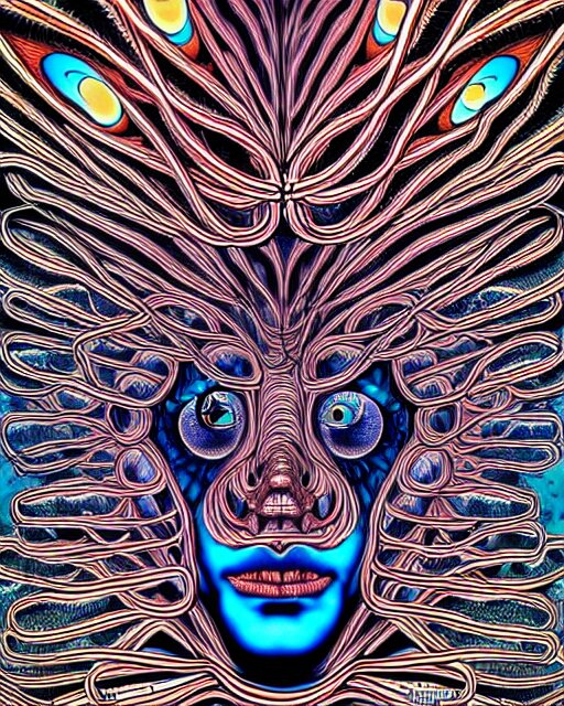 human body breaking away, conjuring psychedelic illustration, part by shintaro kago, part by alex gray, ultra realistic, highly detailed, 8 k, symmetry, fractals, grotesque, vibrant 