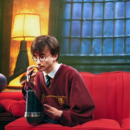 harry potter smoking a bong while sitting on a couch with a lava lamp next to him 