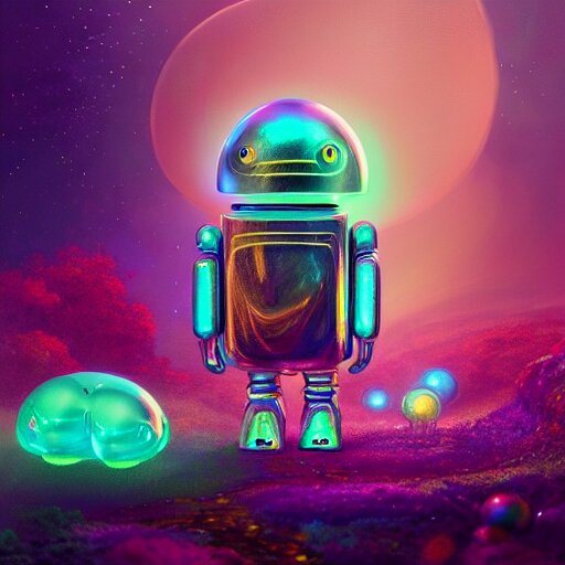 iridescent opalescent android robot animal in candyland, warm tones, bioluminescent : by michal karcz, daniel merriam, victo ngai and guillermo del toro : ornate, dynamic, particulate, intricate, elegant, highly detailed, centered, artstation, smooth, sharp focus, octane render 