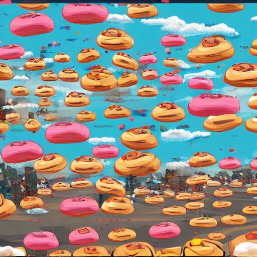 raining donuts on a city in a studio ghibli animation