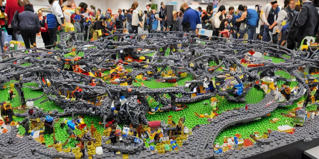 wide shot lens photo of a very intricately detailed and epically shaped 3. 5 meter long hovercraft the nebuchadnezzar from the matrix attacked by squid sentinels lego sculpture designed by a master builder as displayed at a lego convention, low angle shot. 