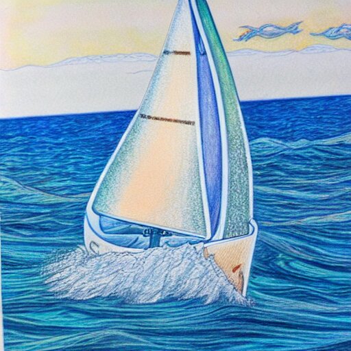  Colored pencil art on paper, Sailboat surfing the waves, highly detailed, artstation, MasterPiece, Award-Winning, Caran d'Ache Luminance